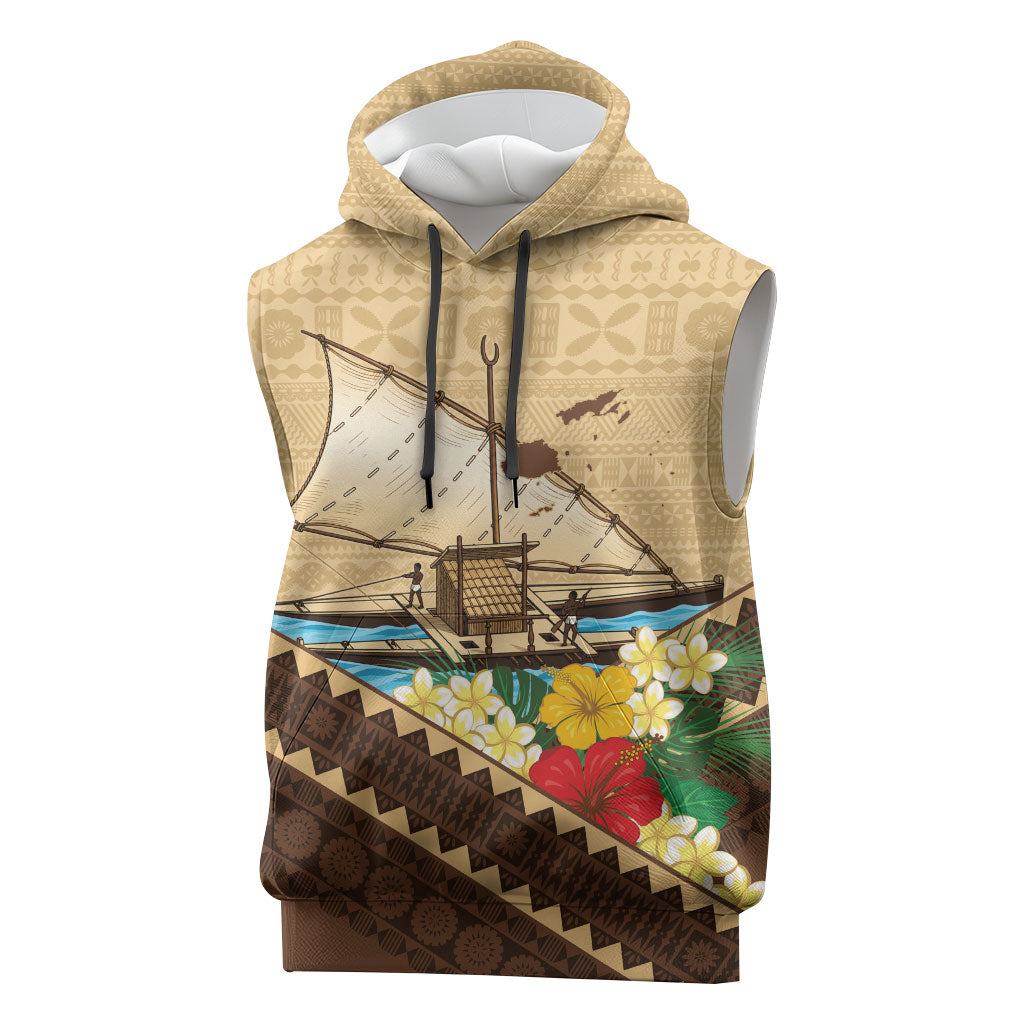 Personalised Bula Vinaka Fiji Drua Sleeveless Hoodie Fijian Traditional Canoe Tapa Cloth Beige