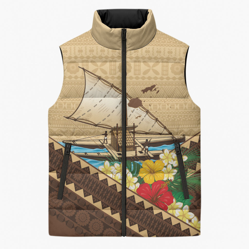 Personalised Bula Vinaka Fiji Drua Sleeveless Puffer Jacket Fijian Traditional Canoe Tapa Cloth Beige
