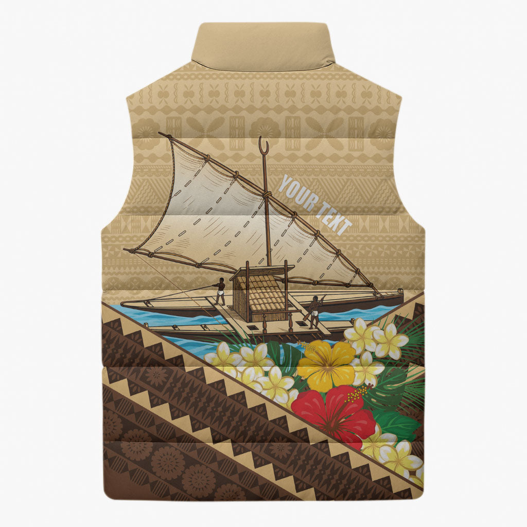 Personalised Bula Vinaka Fiji Drua Sleeveless Puffer Jacket Fijian Traditional Canoe Tapa Cloth Beige LT14 - Polynesian Pride