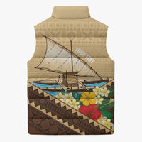 Personalised Bula Vinaka Fiji Drua Sleeveless Puffer Jacket Fijian Traditional Canoe Tapa Cloth Beige LT14 - Polynesian Pride
