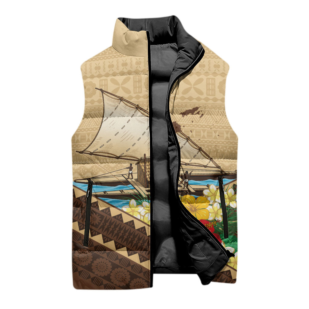 Personalised Bula Vinaka Fiji Drua Sleeveless Puffer Jacket Fijian Traditional Canoe Tapa Cloth Beige LT14 - Polynesian Pride