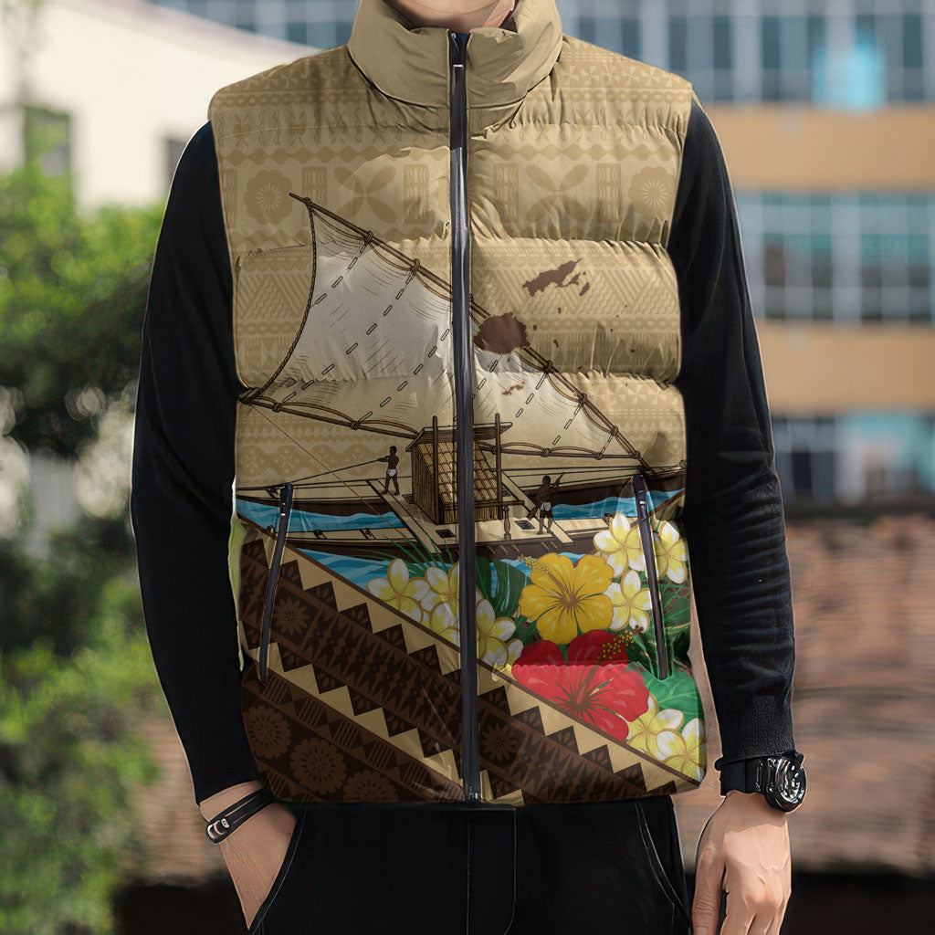 Personalised Bula Vinaka Fiji Drua Sleeveless Puffer Jacket Fijian Traditional Canoe Tapa Cloth Beige LT14 - Polynesian Pride