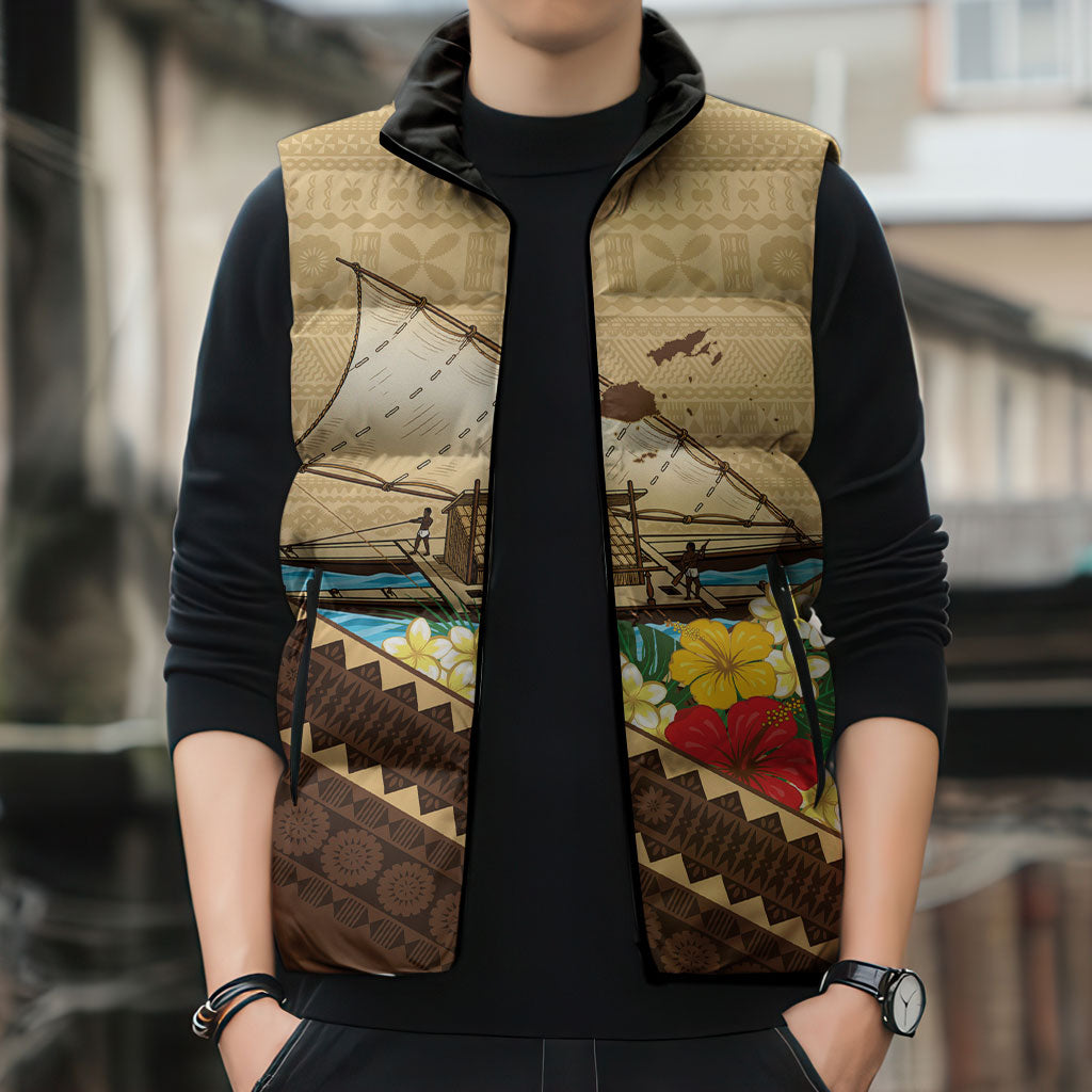 Personalised Bula Vinaka Fiji Drua Sleeveless Puffer Jacket Fijian Traditional Canoe Tapa Cloth Beige LT14 - Polynesian Pride