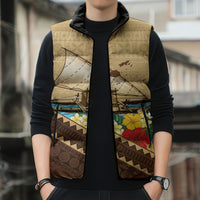 Personalised Bula Vinaka Fiji Drua Sleeveless Puffer Jacket Fijian Traditional Canoe Tapa Cloth Beige LT14 - Polynesian Pride