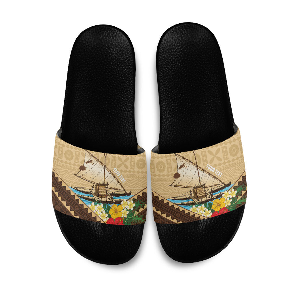 Personalised Bula Vinaka Fiji Drua Slide Sandals Fijian Traditional Canoe Tapa Cloth Beige