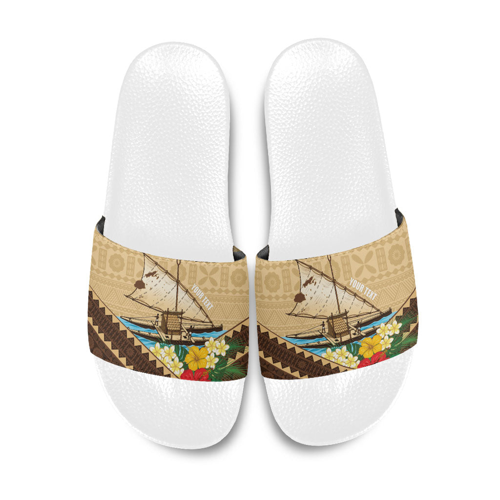 Personalised Bula Vinaka Fiji Drua Slide Sandals Fijian Traditional Canoe Tapa Cloth Beige LT14 Beige - Polynesian Pride