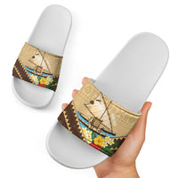 Personalised Bula Vinaka Fiji Drua Slide Sandals Fijian Traditional Canoe Tapa Cloth Beige LT14 - Polynesian Pride