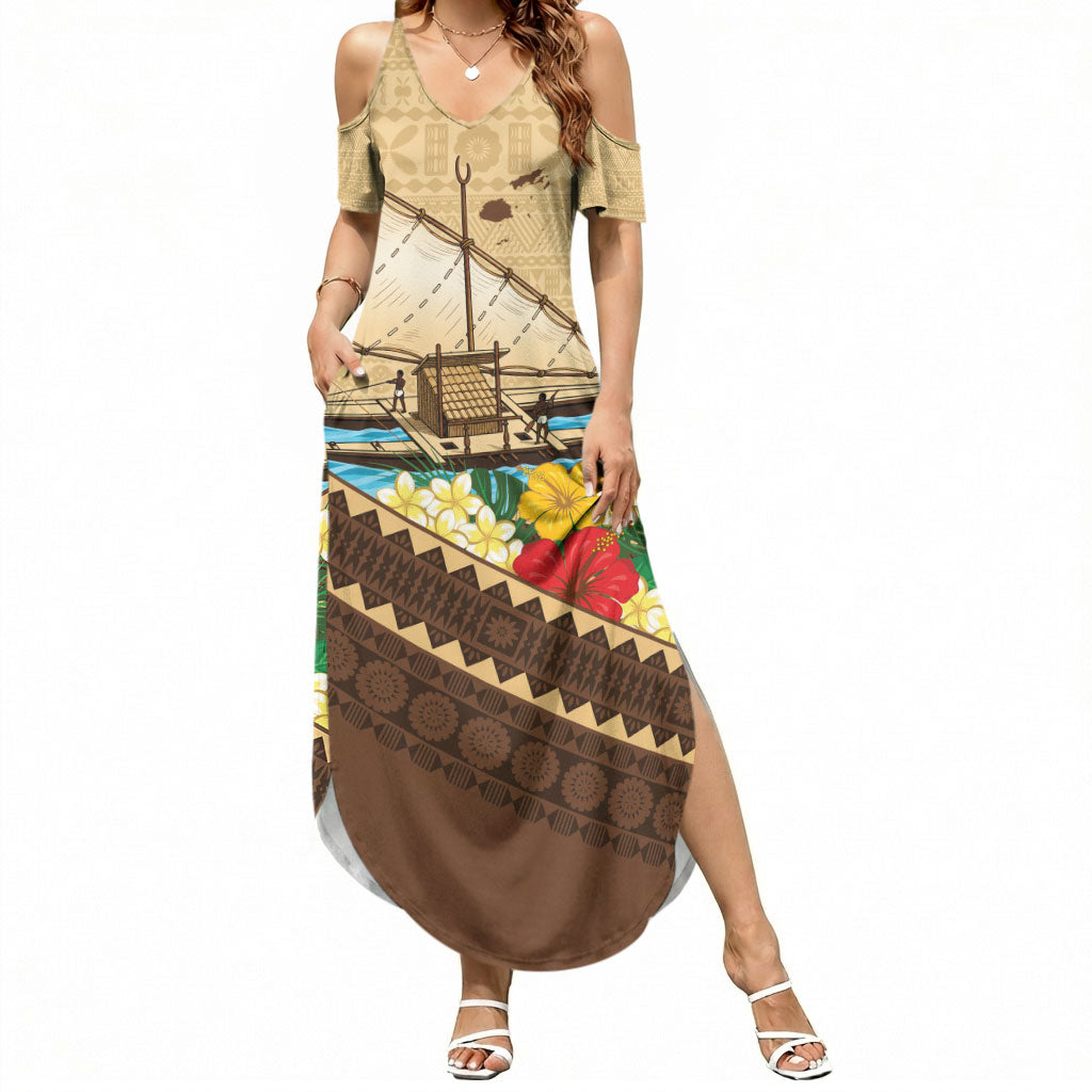 Personalised Bula Vinaka Fiji Drua Summer Maxi Dress Fijian Traditional Canoe Tapa Cloth Beige