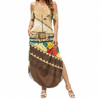 Personalised Bula Vinaka Fiji Drua Summer Maxi Dress Fijian Traditional Canoe Tapa Cloth Beige LT14 Women Beige - Polynesian Pride