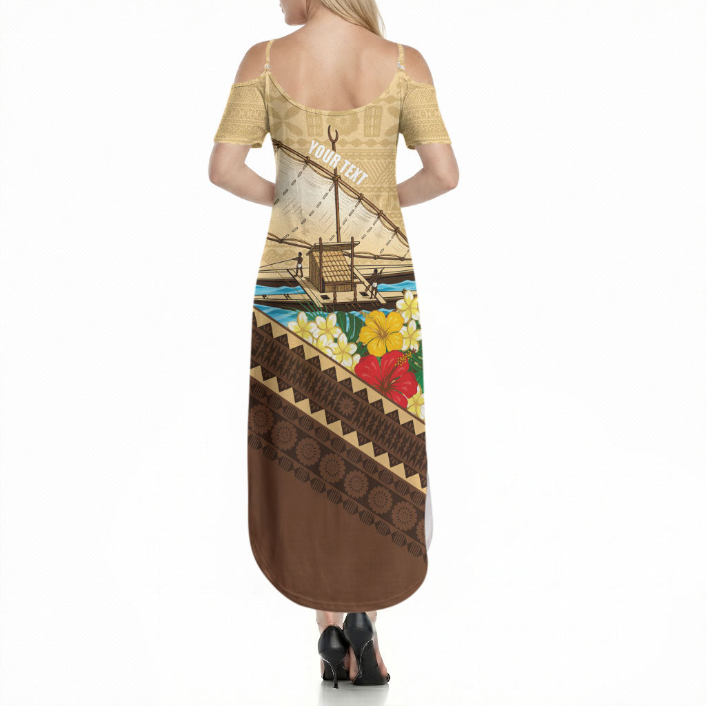 Personalised Bula Vinaka Fiji Drua Summer Maxi Dress Fijian Traditional Canoe Tapa Cloth Beige LT14 - Polynesian Pride
