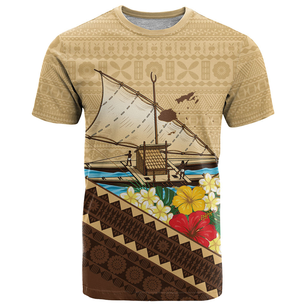 Personalised Bula Vinaka Fiji Drua T Shirt Fijian Traditional Canoe Tapa Cloth Beige