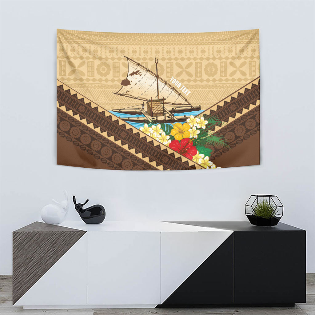 Personalised Bula Vinaka Fiji Drua Tapestry Fijian Traditional Canoe Tapa Cloth Beige LT14 - Polynesian Pride