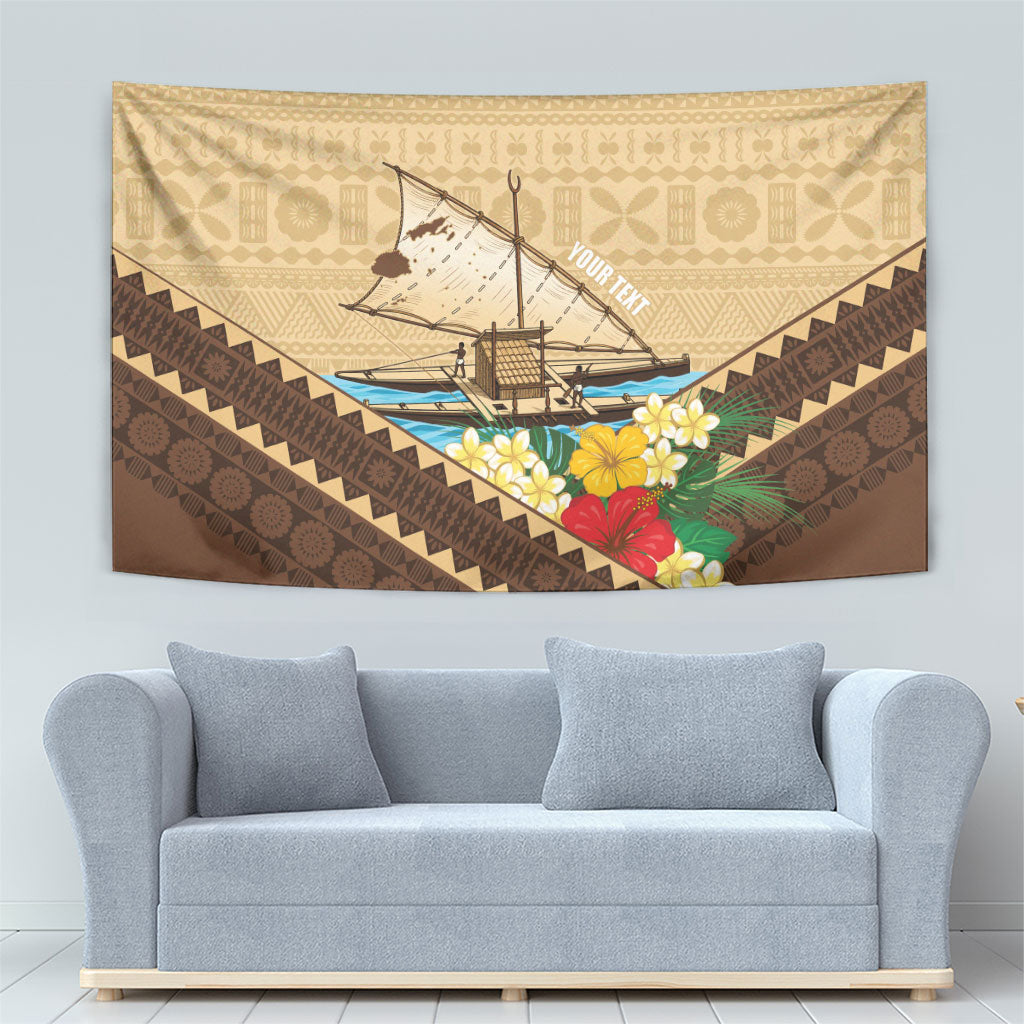 Personalised Bula Vinaka Fiji Drua Tapestry Fijian Traditional Canoe Tapa Cloth Beige LT14 - Polynesian Pride