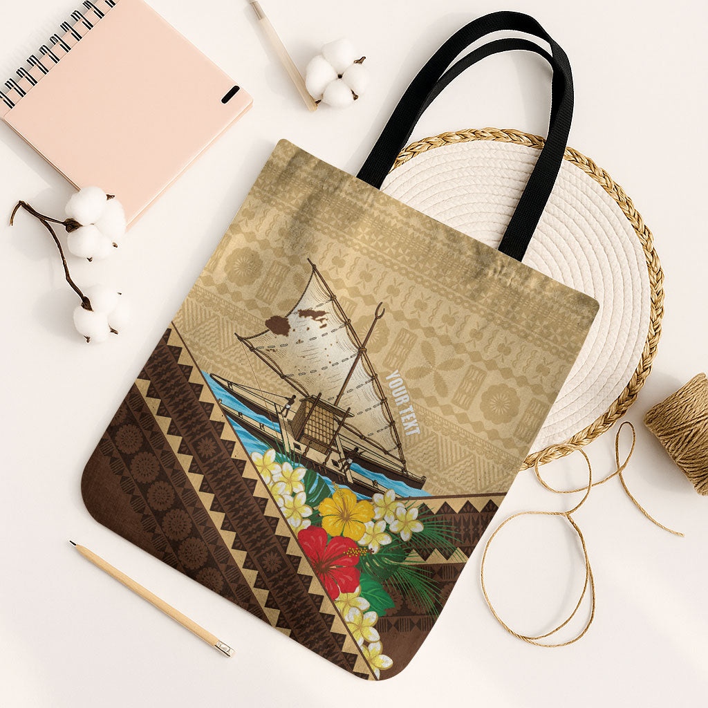 Personalised Bula Vinaka Fiji Drua Tote Bag Fijian Traditional Canoe Tapa Cloth Beige LT14 Black Strap One Size Beige - Polynesian Pride
