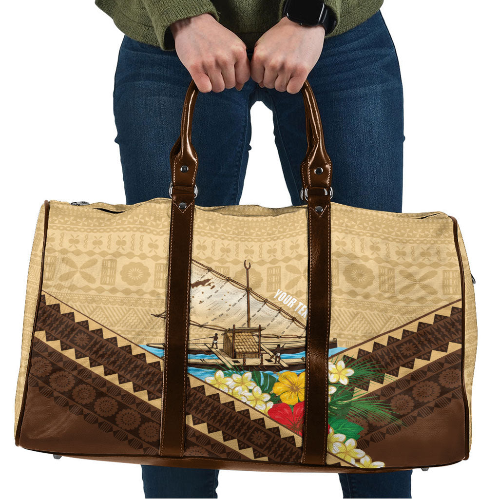 Personalised Bula Vinaka Fiji Drua Travel Bag Fijian Traditional Canoe Tapa Cloth Beige