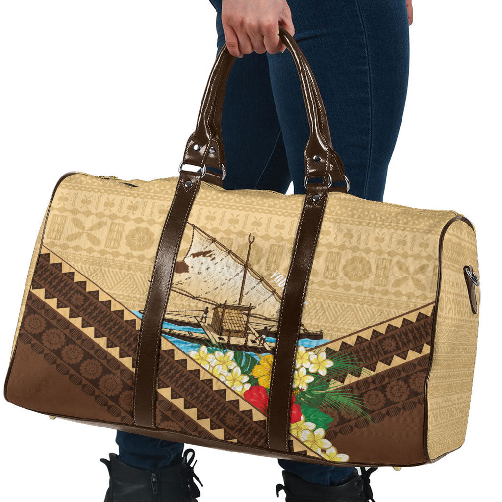 Personalised Bula Vinaka Fiji Drua Travel Bag Fijian Traditional Canoe Tapa Cloth Beige LT14 - Polynesian Pride