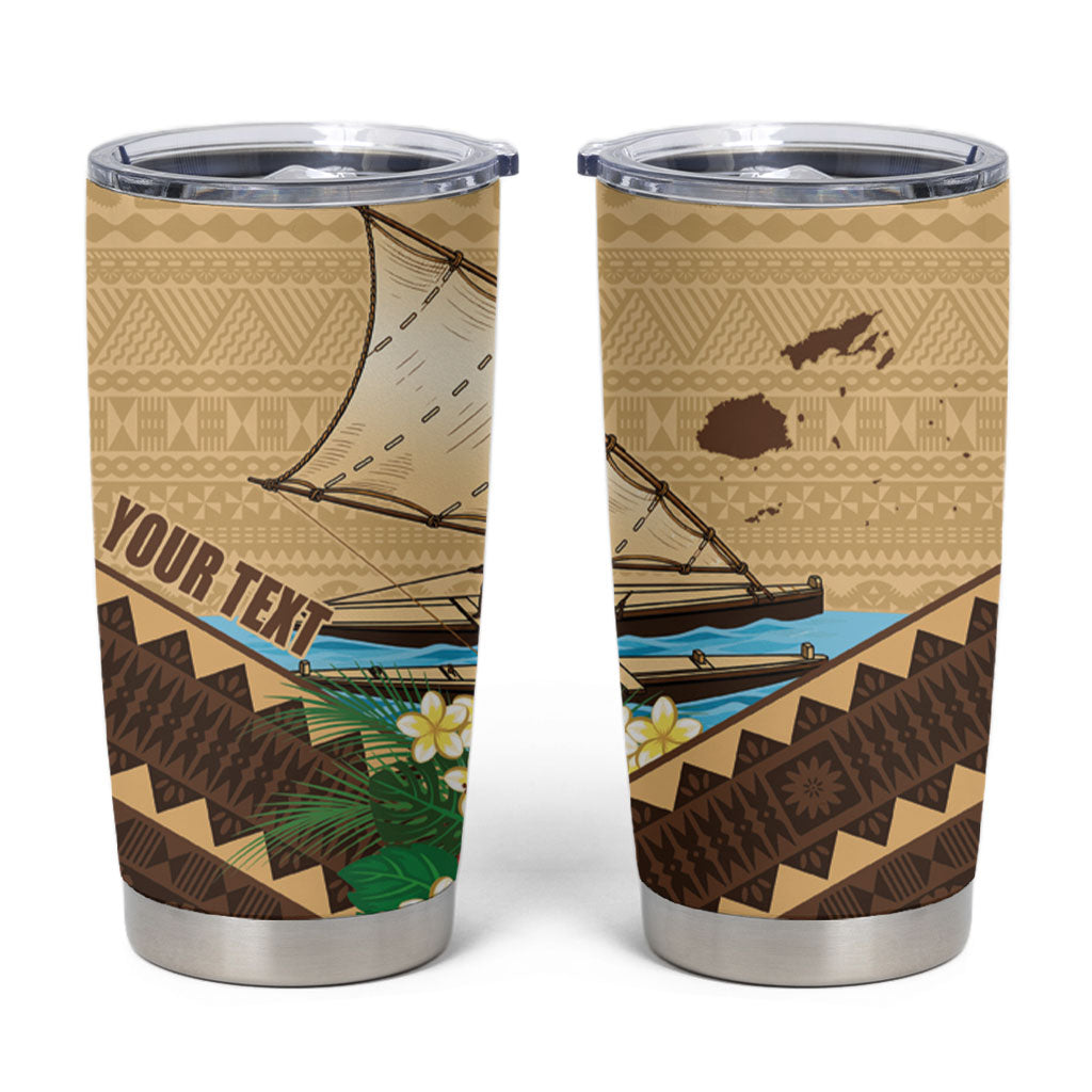 Personalised Bula Vinaka Fiji Drua Tumbler Cup Fijian Traditional Canoe Tapa Cloth Beige