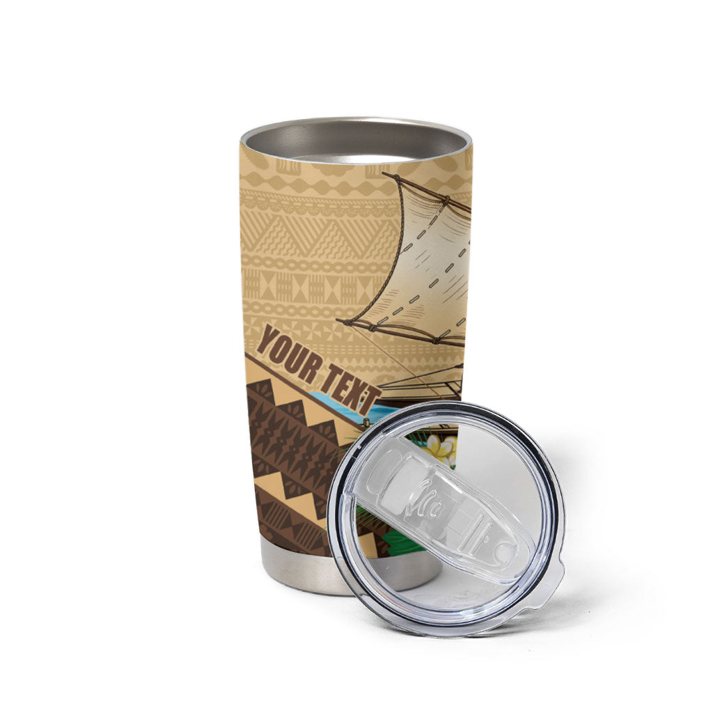 Personalised Bula Vinaka Fiji Drua Tumbler Cup Fijian Traditional Canoe Tapa Cloth Beige LT14 - Polynesian Pride