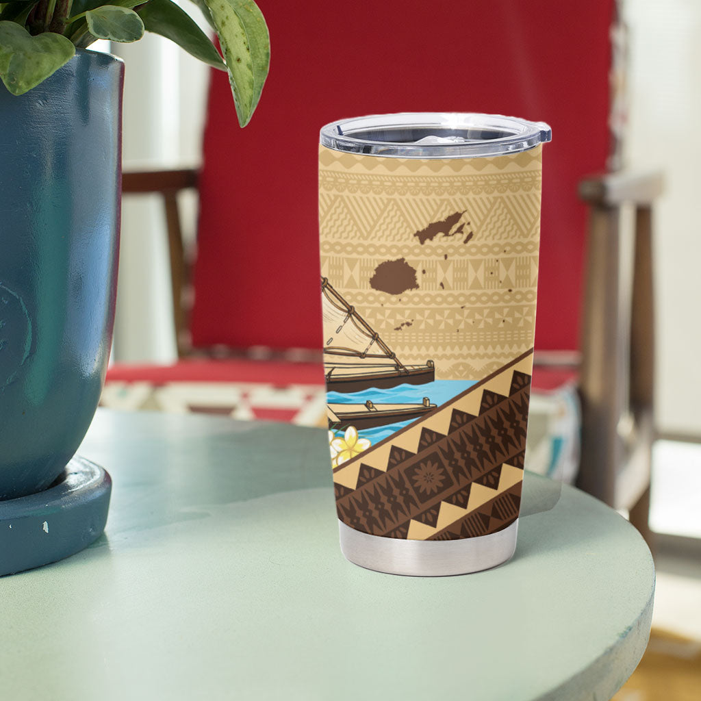 Personalised Bula Vinaka Fiji Drua Tumbler Cup Fijian Traditional Canoe Tapa Cloth Beige LT14 - Polynesian Pride