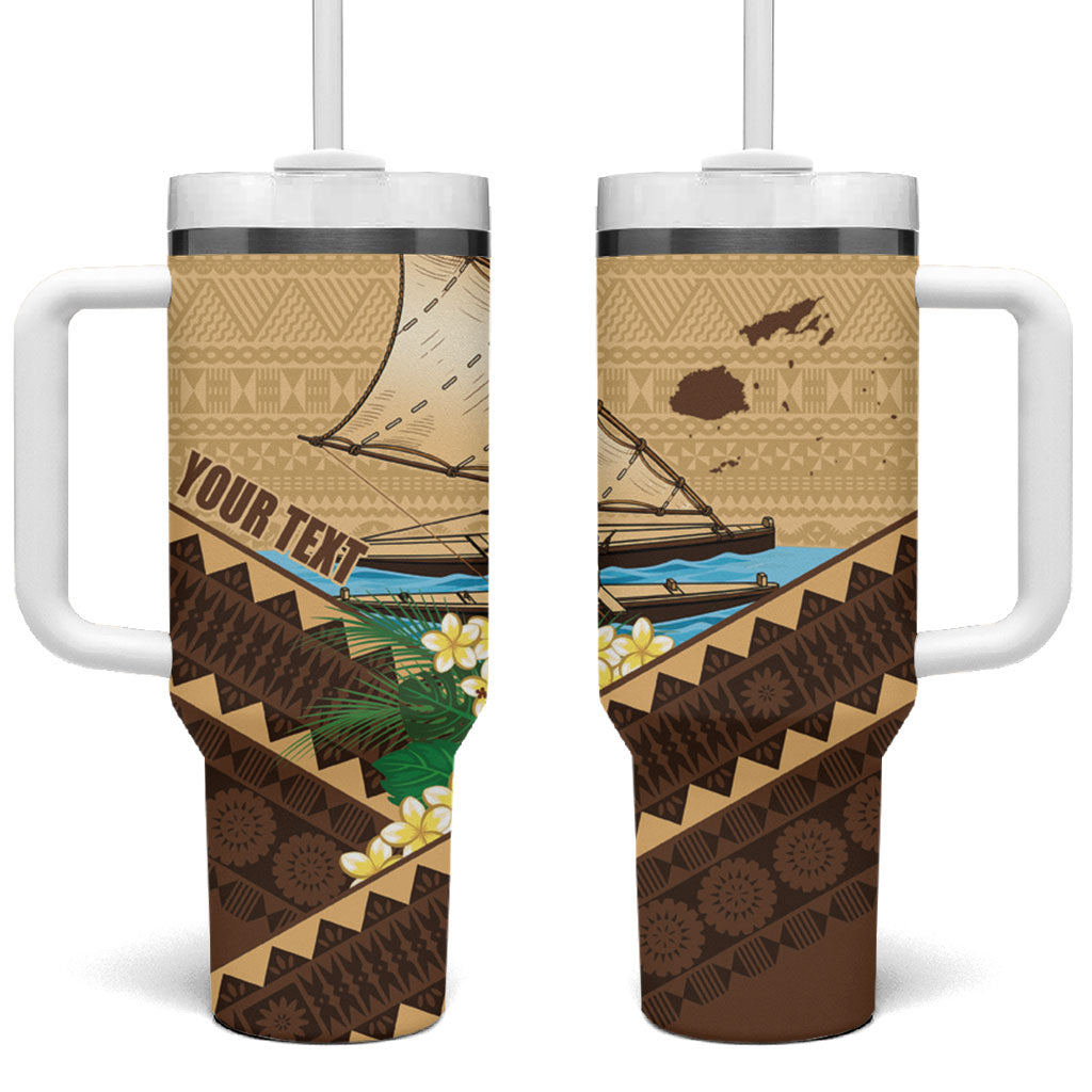 Personalised Bula Vinaka Fiji Drua Tumbler With Handle Fijian Traditional Canoe Tapa Cloth Beige