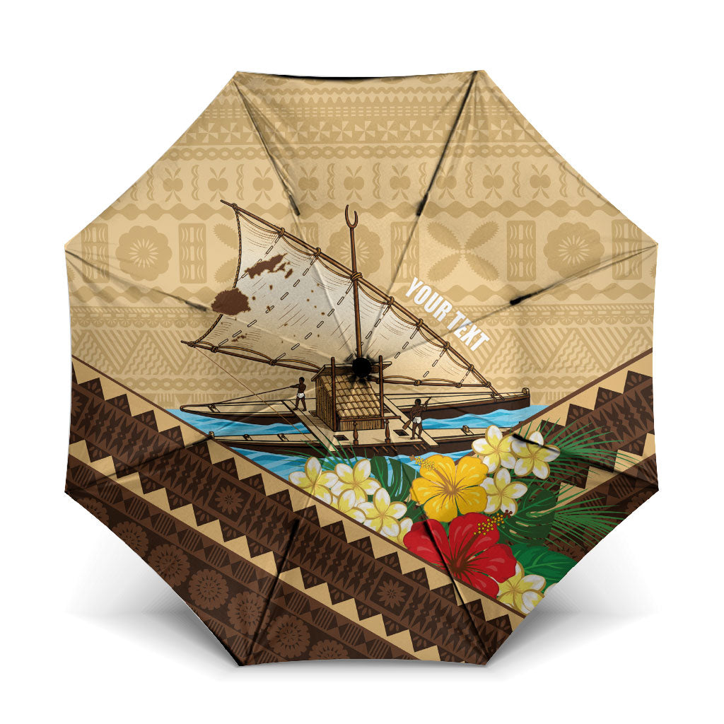 Personalised Bula Vinaka Fiji Drua Umbrella Fijian Traditional Canoe Tapa Cloth Beige