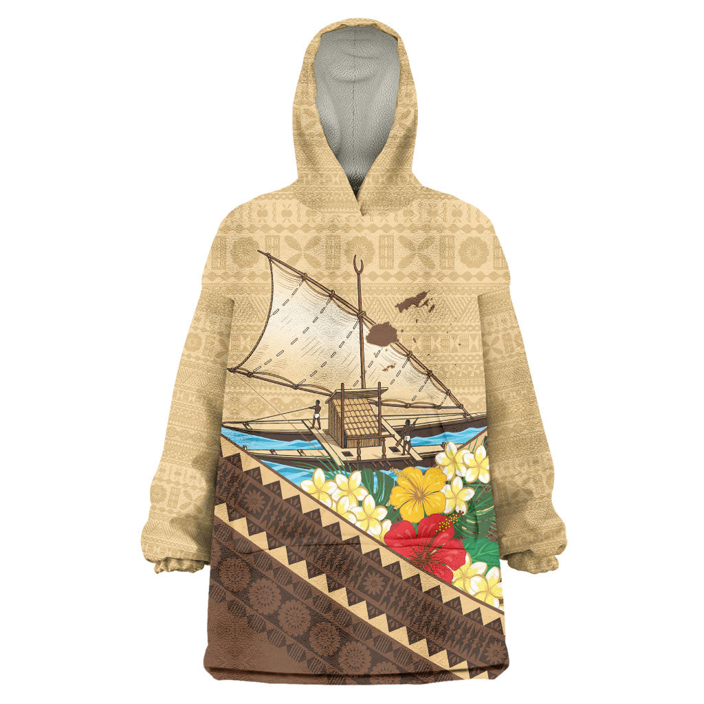 Personalised Bula Vinaka Fiji Drua Wearable Blanket Hoodie Fijian Traditional Canoe Tapa Cloth Beige
