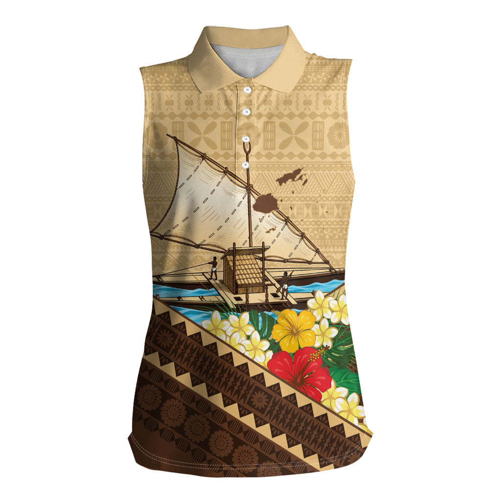 Personalised Bula Vinaka Fiji Drua Women Sleeveless Polo Shirt Fijian Traditional Canoe Tapa Cloth Beige