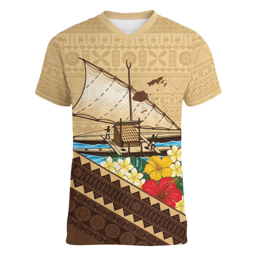 Personalised Bula Vinaka Fiji Drua Women V-Neck T-Shirt Fijian Traditional Canoe Tapa Cloth Beige