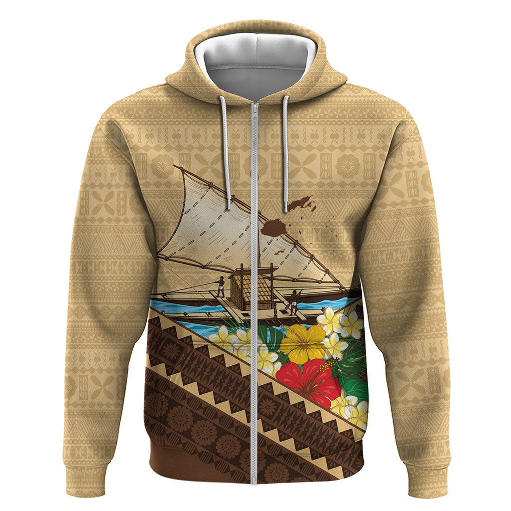 Personalised Bula Vinaka Fiji Drua Zip Hoodie Fijian Traditional Canoe Tapa Cloth Beige
