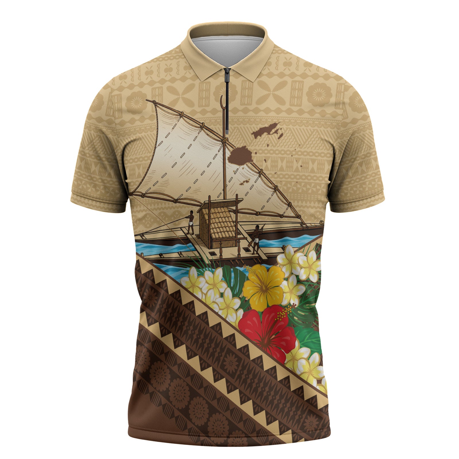 Personalised Bula Vinaka Fiji Drua Zipper Polo Shirt Fijian Traditional Canoe Tapa Cloth Beige LT14 Beige - Polynesian Pride