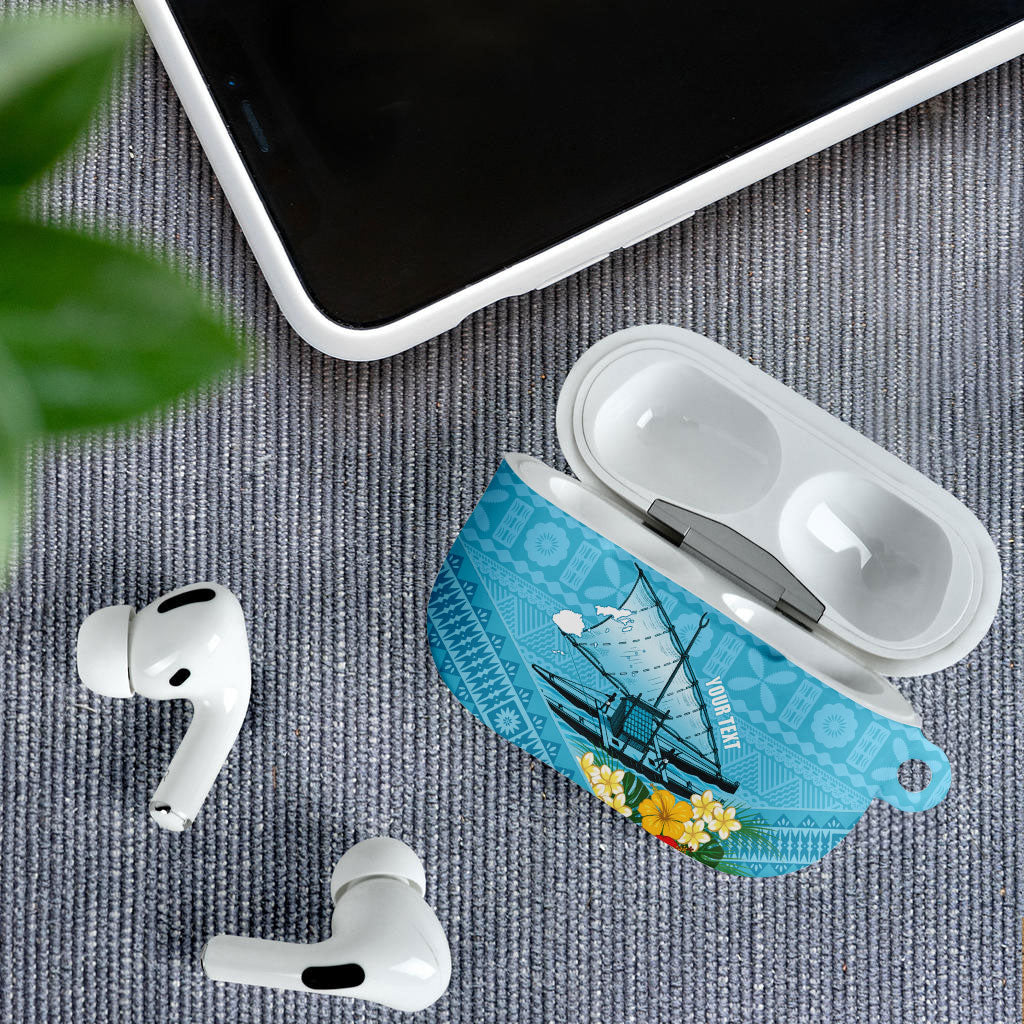 Personalised Bula Vinaka Fiji Drua AirPods Case Fijian Traditional Canoe Tapa Cloth Blue LT14 - Polynesian Pride