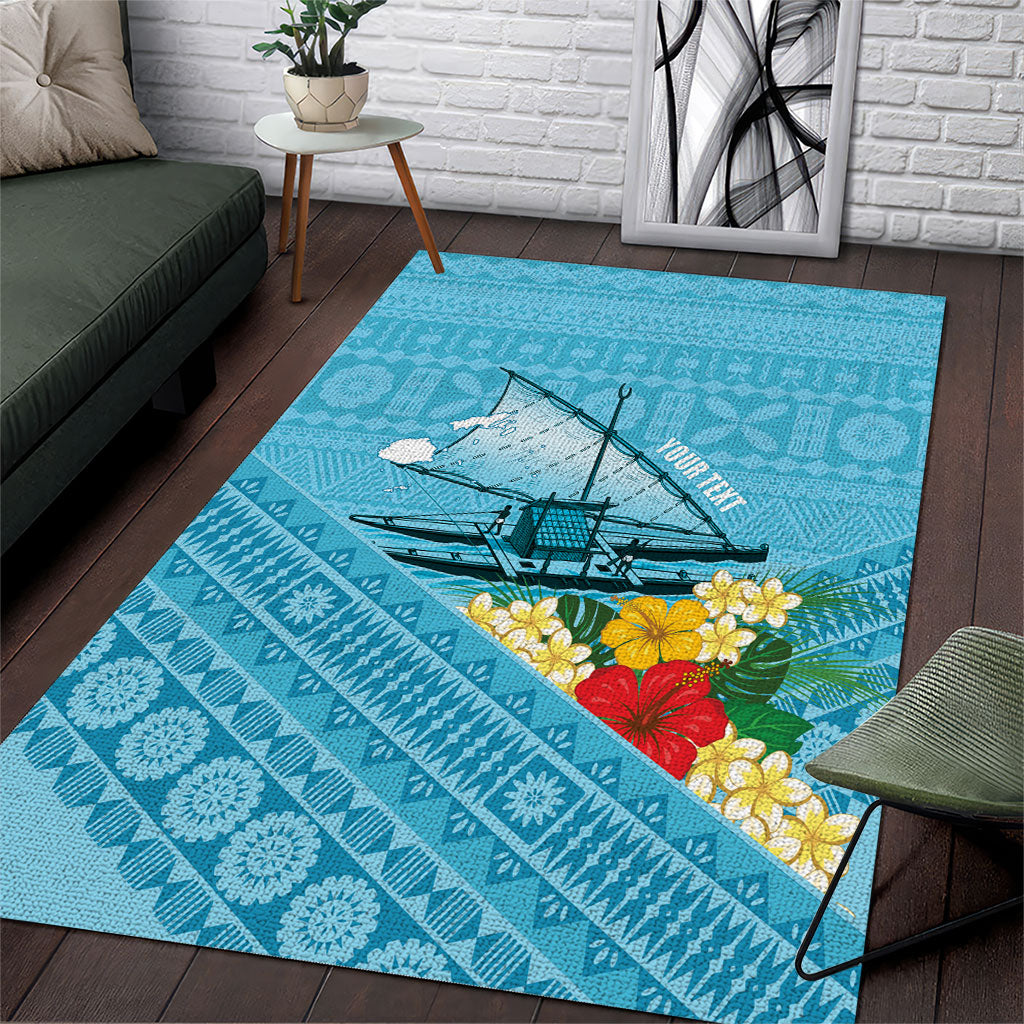 Personalised Bula Vinaka Fiji Drua Area Rug Fijian Traditional Canoe Tapa Cloth Blue