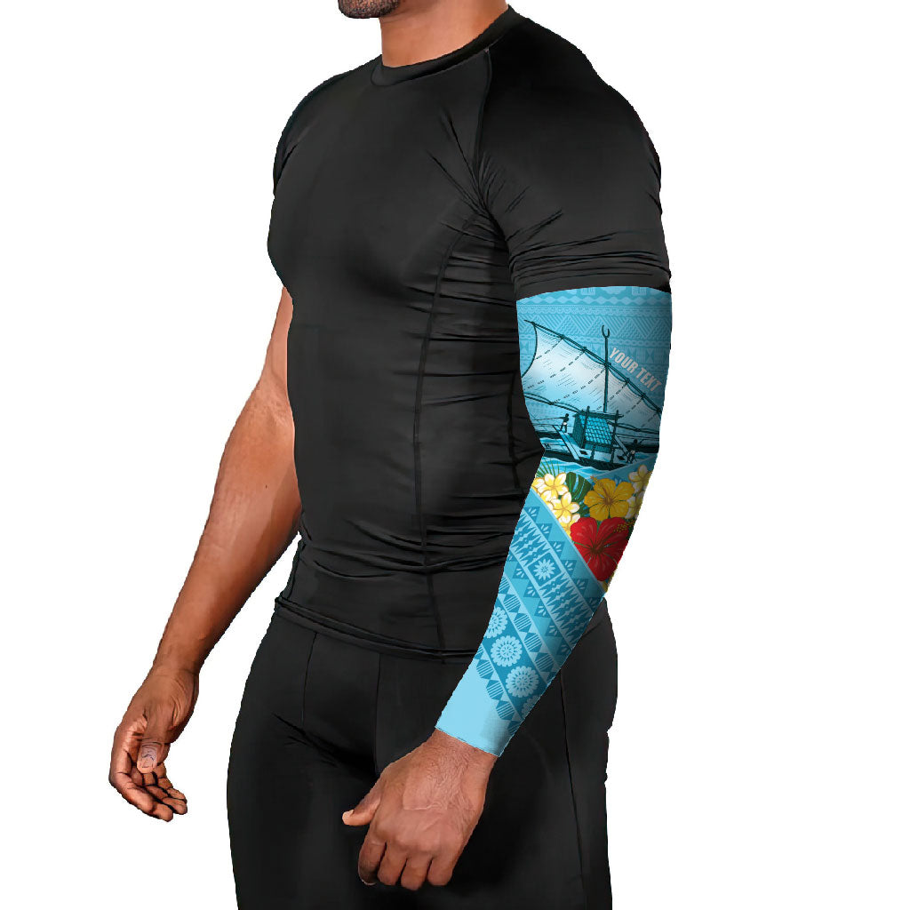 Personalised Bula Vinaka Fiji Drua Arm Sleeves Fijian Traditional Canoe Tapa Cloth Blue LT14 - Polynesian Pride