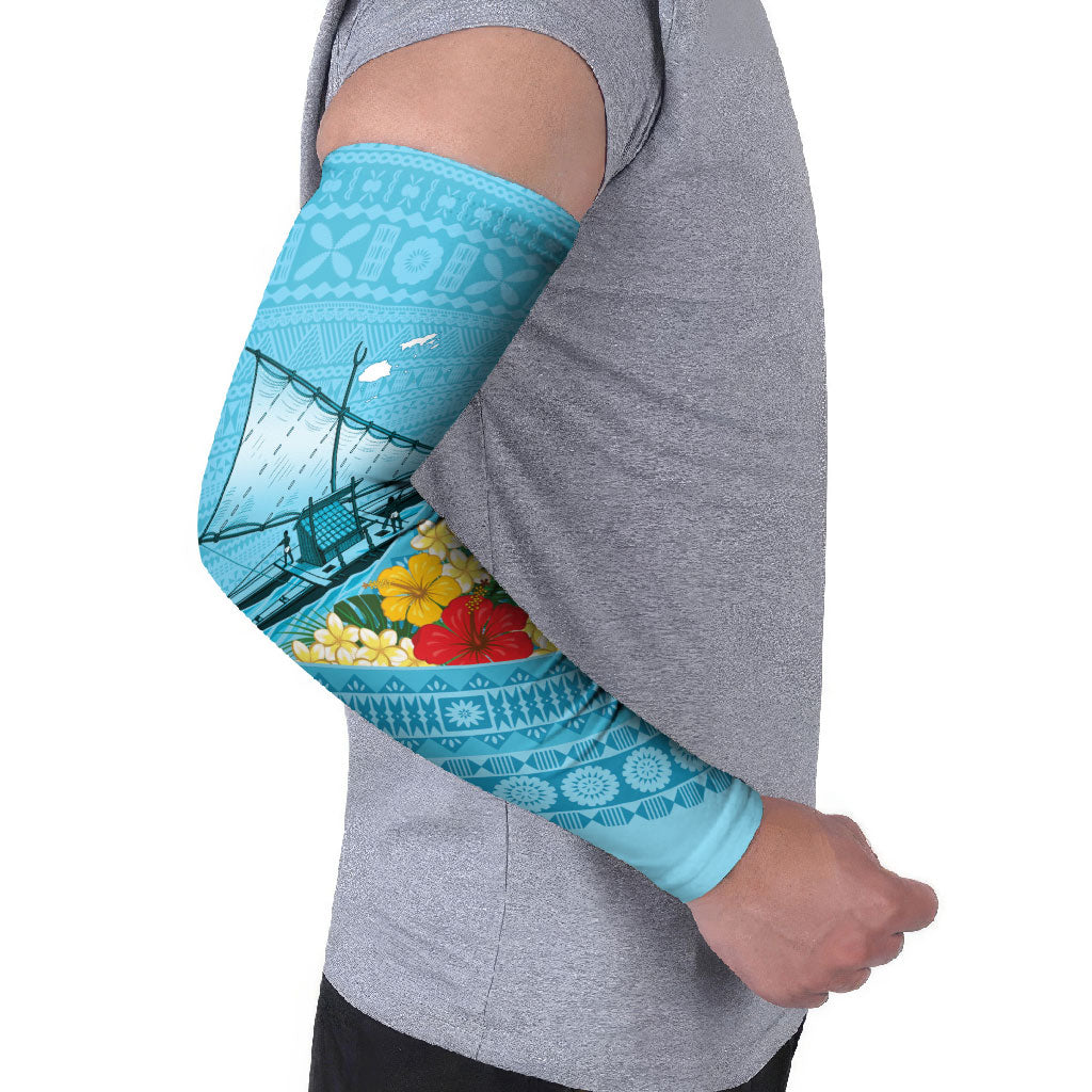 Personalised Bula Vinaka Fiji Drua Arm Sleeves Fijian Traditional Canoe Tapa Cloth Blue LT14 - Polynesian Pride