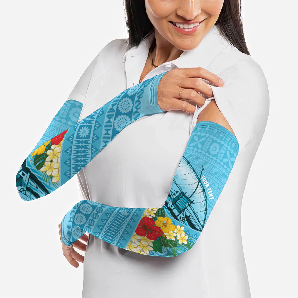 Personalised Bula Vinaka Fiji Drua Arm Sleeves Fijian Traditional Canoe Tapa Cloth Blue LT14 - Polynesian Pride