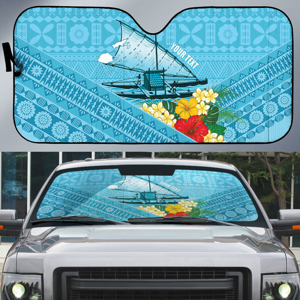 Personalised Bula Vinaka Fiji Drua Auto Sun Shade Fijian Traditional Canoe Tapa Cloth Blue