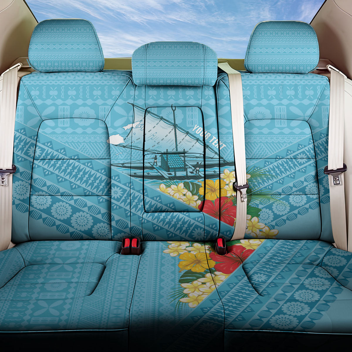 Personalised Bula Vinaka Fiji Drua Back Car Seat Cover Fijian Traditional Canoe Tapa Cloth Blue
