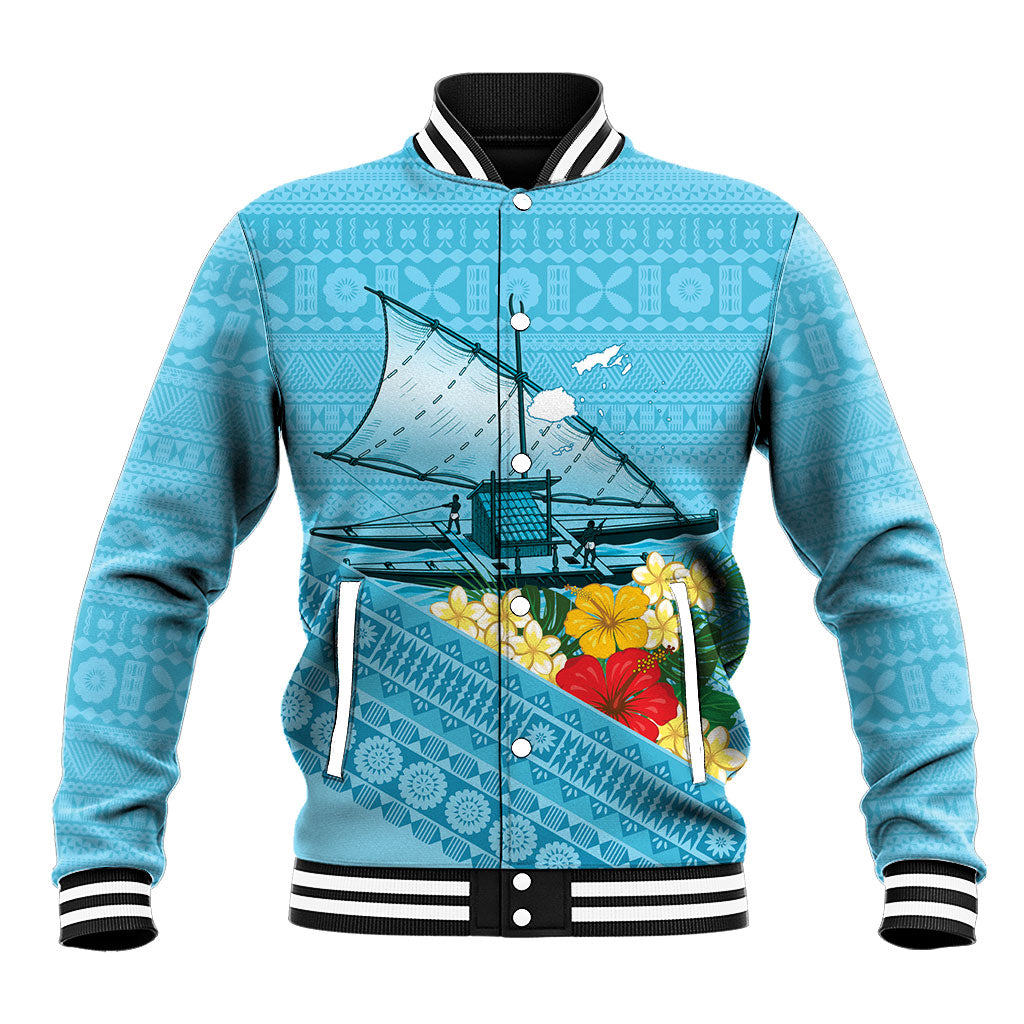 Personalised Bula Vinaka Fiji Drua Baseball Jacket Fijian Traditional Canoe Tapa Cloth Blue