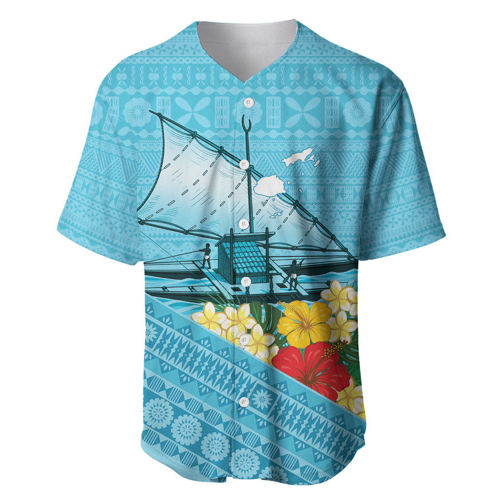 Personalised Bula Vinaka Fiji Drua Baseball Jersey Fijian Traditional Canoe Tapa Cloth Blue