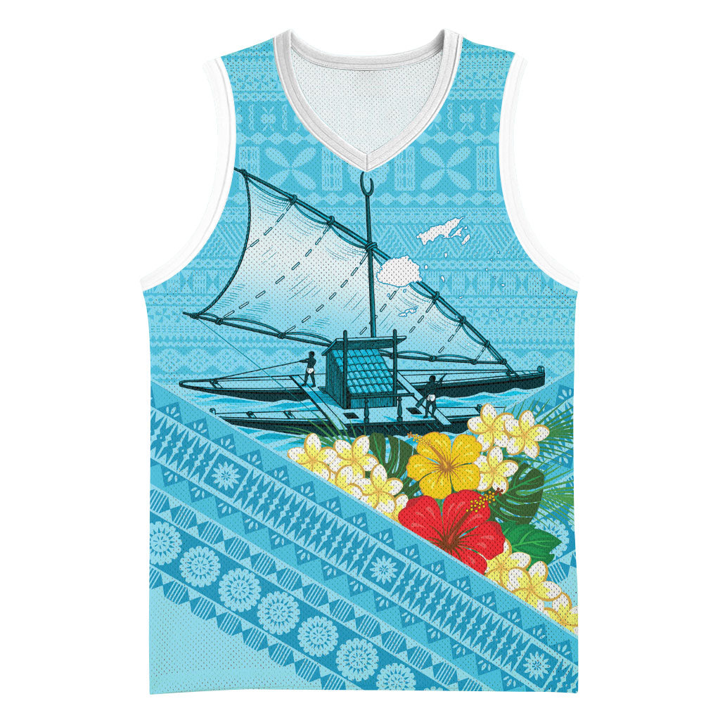 Personalised Bula Vinaka Fiji Drua Basketball Jersey Fijian Traditional Canoe Tapa Cloth Blue