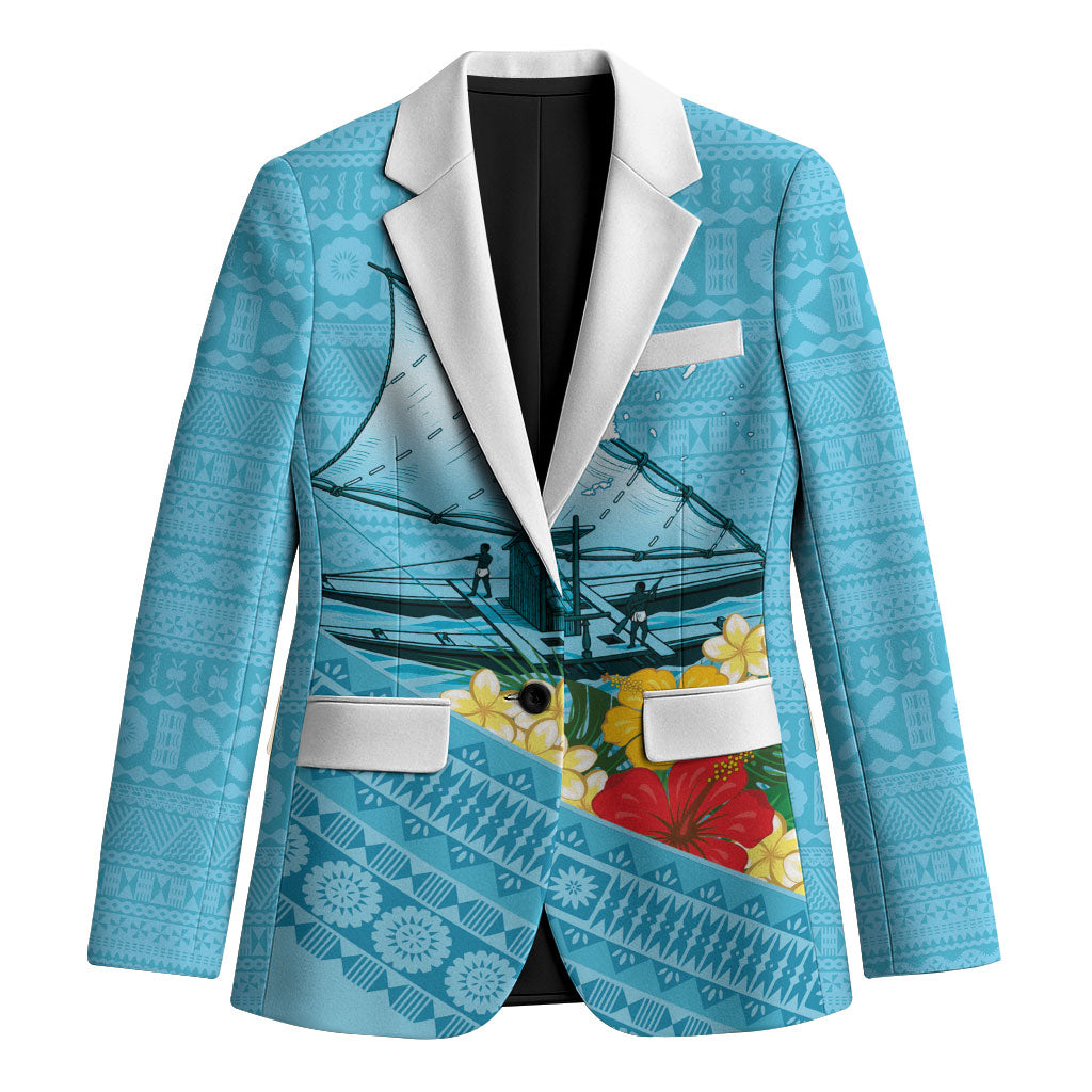 Personalised Bula Vinaka Fiji Drua Blazer Fijian Traditional Canoe Tapa Cloth Blue