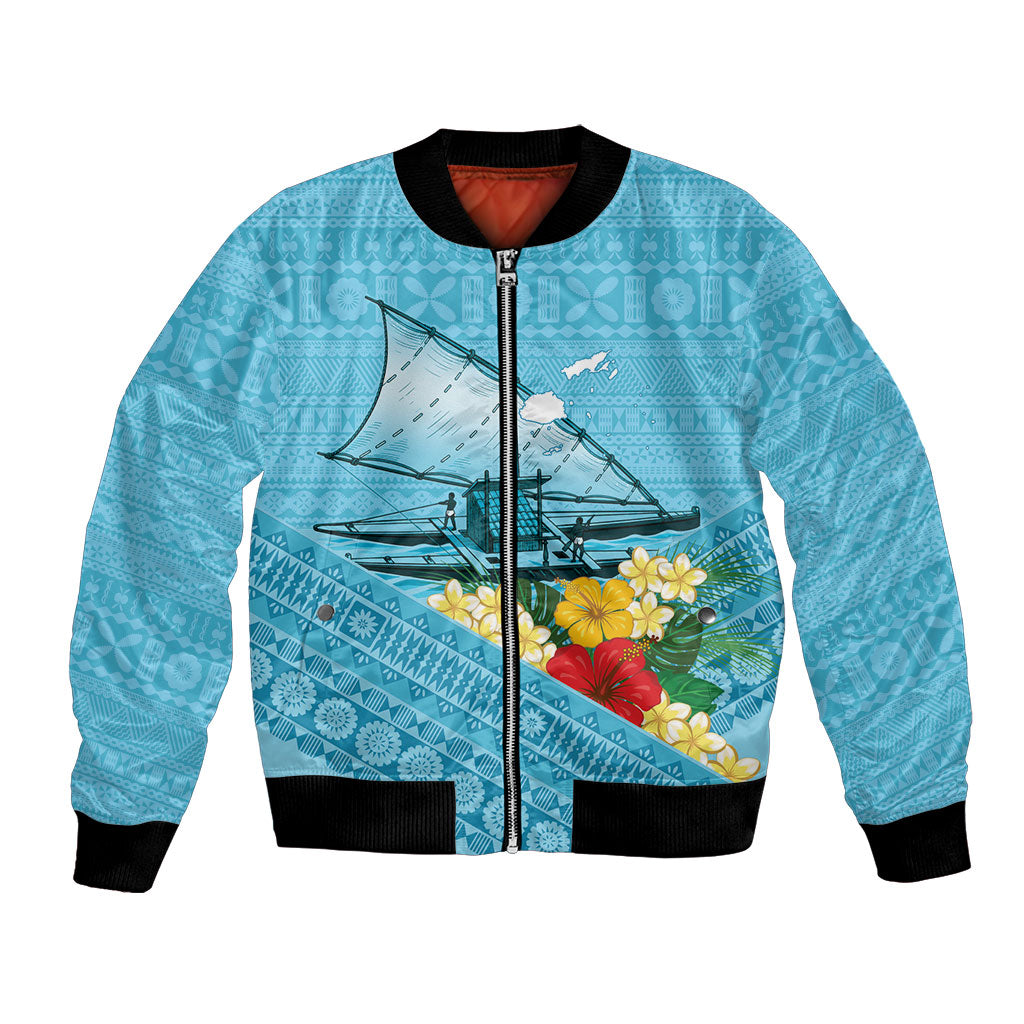 Personalised Bula Vinaka Fiji Drua Bomber Jacket Fijian Traditional Canoe Tapa Cloth Blue