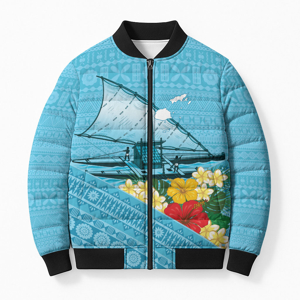 Personalised Bula Vinaka Fiji Drua Bomber Puffer Jacket Fijian Traditional Canoe Tapa Cloth Blue