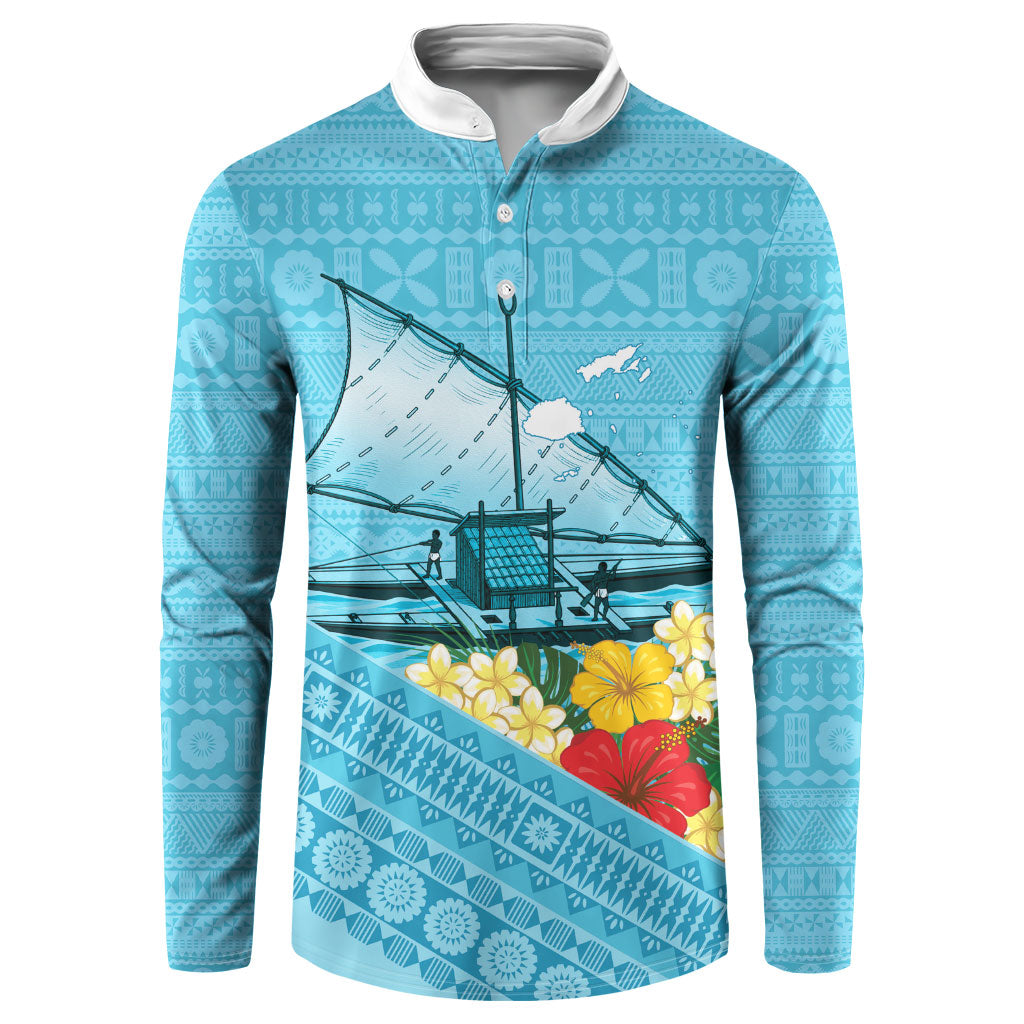 Personalised Bula Vinaka Fiji Drua Button Sweatshirt Fijian Traditional Canoe Tapa Cloth Blue