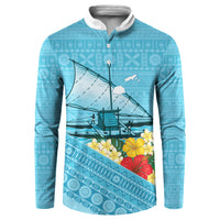Personalised Bula Vinaka Fiji Drua Button Sweatshirt Fijian Traditional Canoe Tapa Cloth Blue LT14 Blue - Polynesian Pride