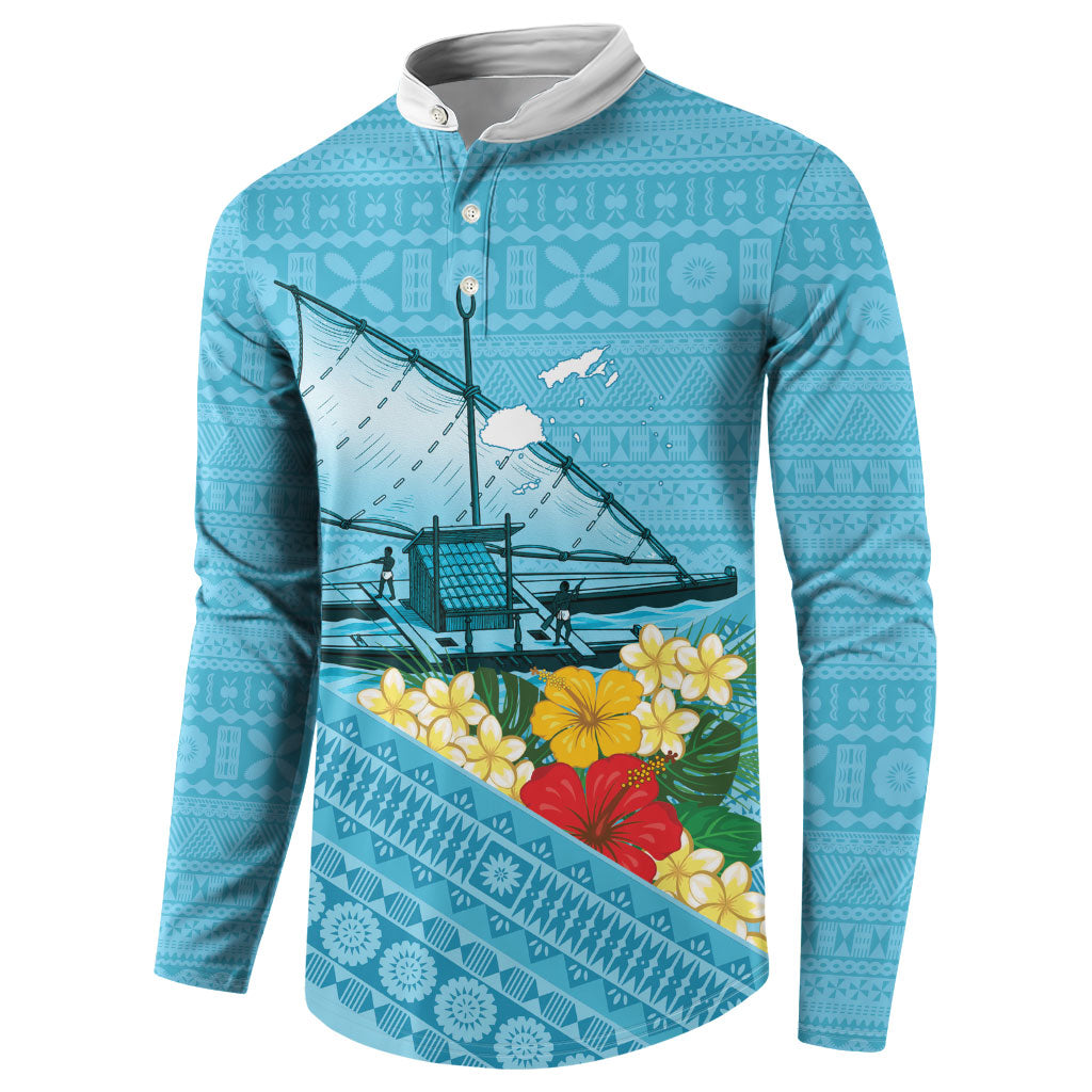 Personalised Bula Vinaka Fiji Drua Button Sweatshirt Fijian Traditional Canoe Tapa Cloth Blue LT14 - Polynesian Pride