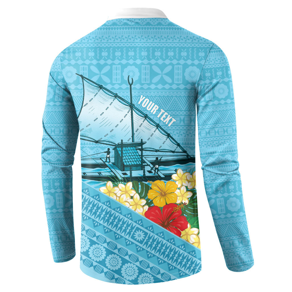 Personalised Bula Vinaka Fiji Drua Button Sweatshirt Fijian Traditional Canoe Tapa Cloth Blue LT14 - Polynesian Pride