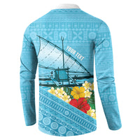 Personalised Bula Vinaka Fiji Drua Button Sweatshirt Fijian Traditional Canoe Tapa Cloth Blue LT14 - Polynesian Pride