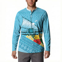 Personalised Bula Vinaka Fiji Drua Button Sweatshirt Fijian Traditional Canoe Tapa Cloth Blue LT14 - Polynesian Pride