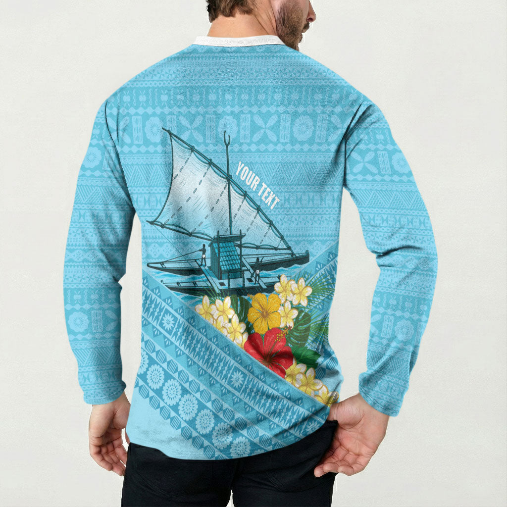 Personalised Bula Vinaka Fiji Drua Button Sweatshirt Fijian Traditional Canoe Tapa Cloth Blue LT14 - Polynesian Pride
